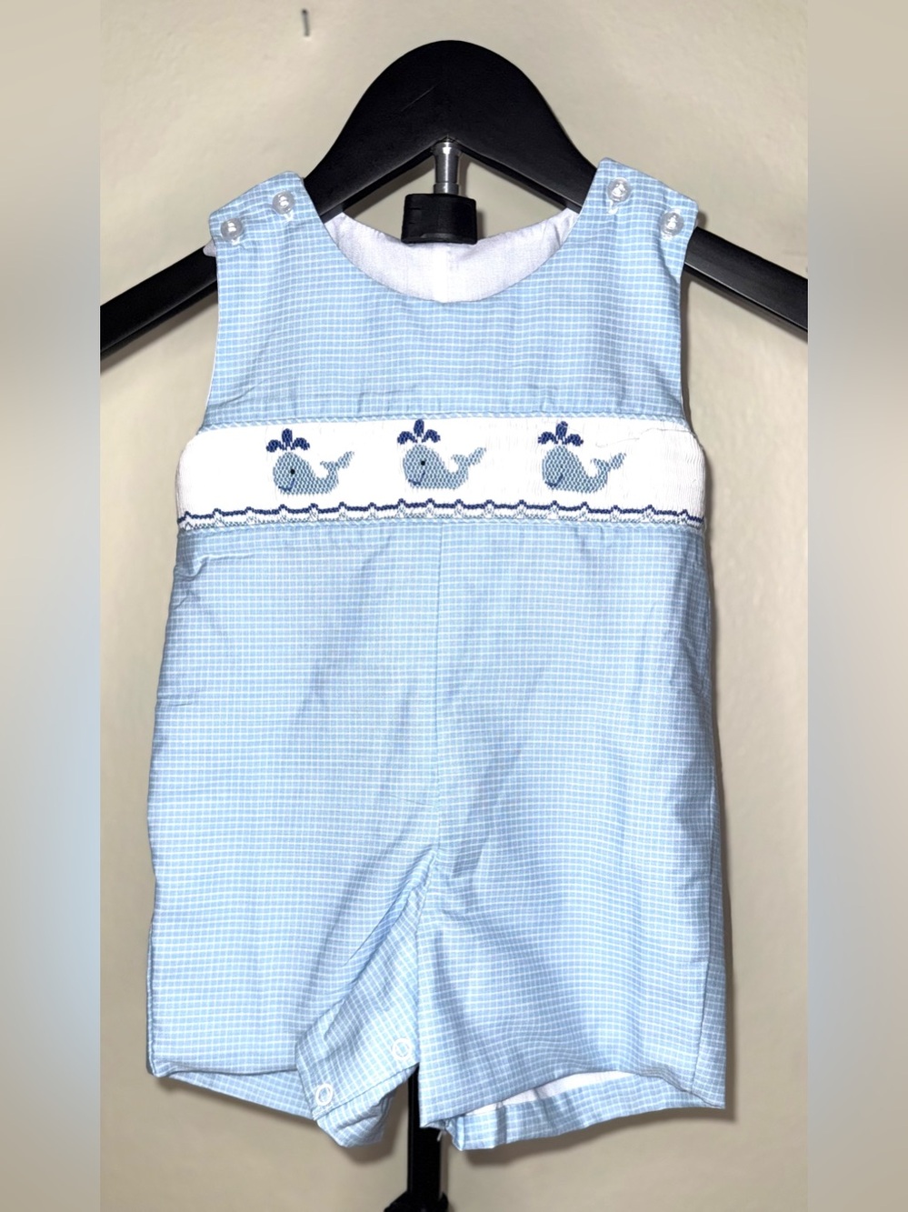 Classic Whimsy Happy Whale Windowpane Smocked Jon Jon, size 9 mo, NWT
